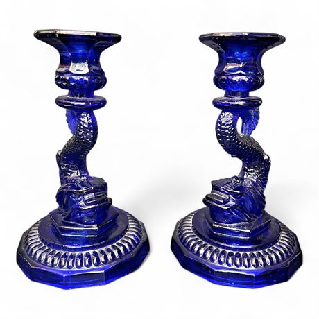 Cobalt Blue Pressed Glass Koi Fish Candlesticks Pair