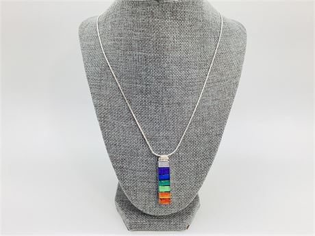 Sterling Silver Art Glass Rainbow Pendant with Bean Link Chain Necklace