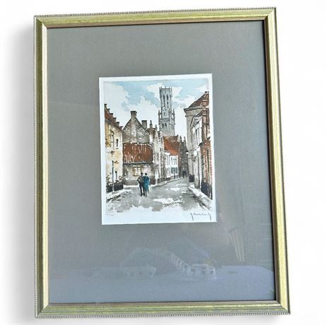 Signed Roger Hebbelinck Bruges Street Scene Lithograph