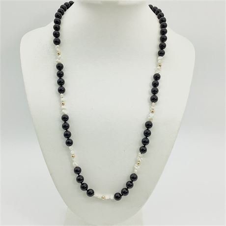 14K Yellow Gold Filled, Black Onyx, and Freshwater Pearl Beaded Necklace