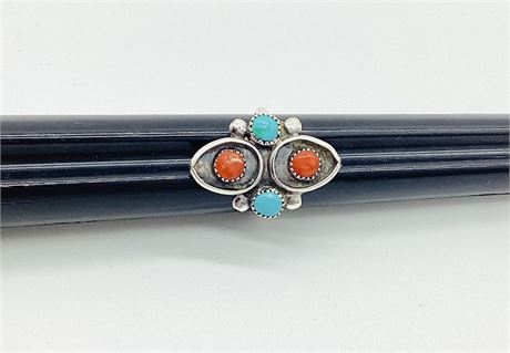 Vintage Native American Style Silver Turquoise and Coral Ring