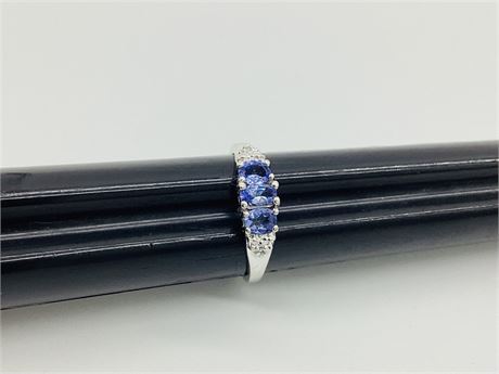 10K White Gold Ring with Three Oval Blue Stones & Two Diamonds