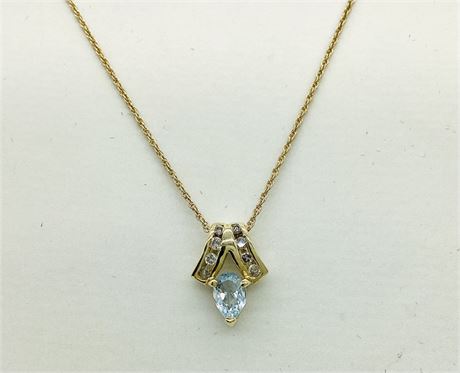 14K Yellow Gold Aquamarine and Diamond Pendant Necklace