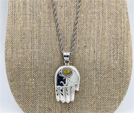 Sterling Silver Hamsa Hand Amulet Pendant with a Twisted Rope Chain