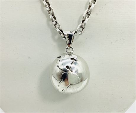 Vintage Sterling Silver World Chime Ball Pendant and Heavy Link Chain
