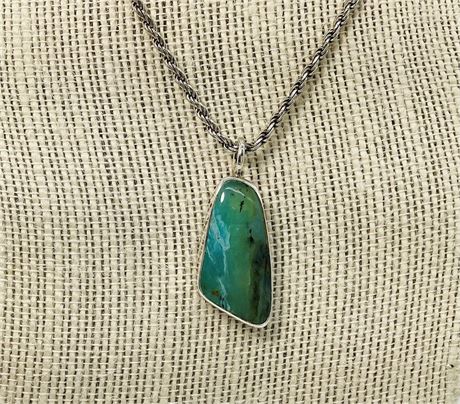 Sterling Silver Twisted Rope Chain with Polished Blue-Green Stone Pendant