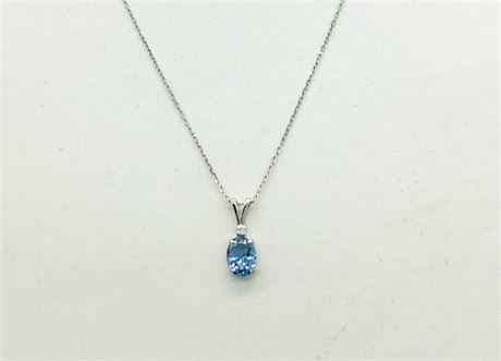 14K White Gold Oval Baby Blue Spinnel & Diamond Pendant Necklace