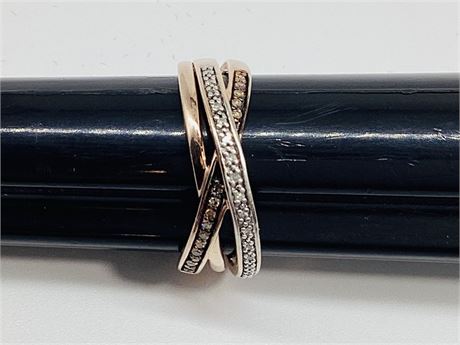 Sterling Silver Crossover Pave Diamond/Moissanite Triple Band Ring