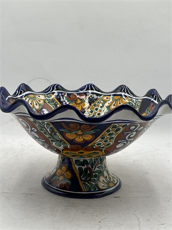 Talavera Hand-Painted Ceramic Footed Serving Bowl With Ruffled Edge