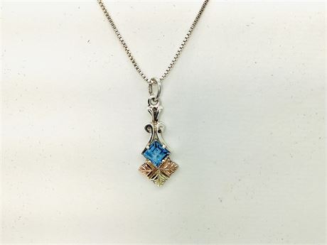 12K Black Hills Gold & Sterling Silver Blue Topaz Pendant and Box Chain
