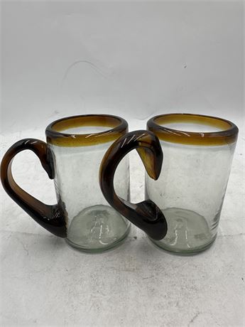 Pair Of Handblown Mexican Beer Glasses With Amber Rims And Handles