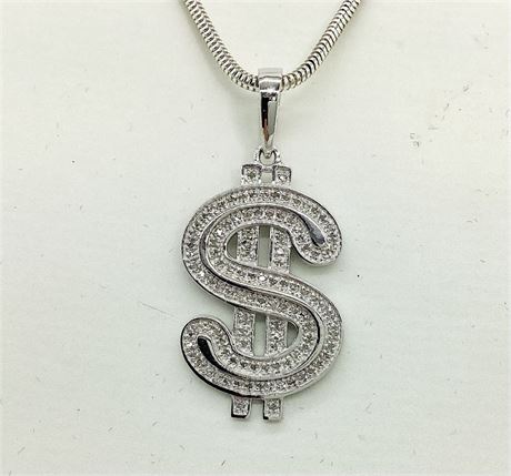 Sterling Silver Dollar Sign Diamond Pendant with Snake Chain