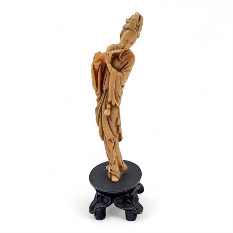 Antique Carved Bone Flute Player Figurine on Wood Stand