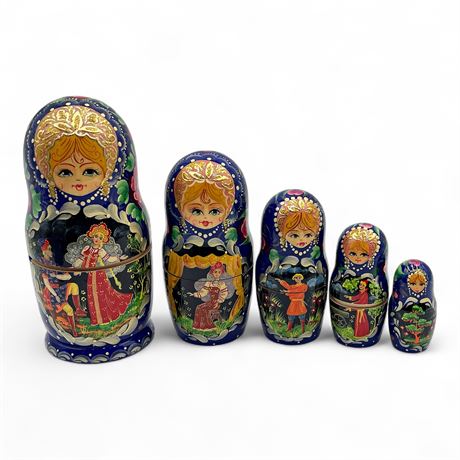 Russian Matryoshka Nesting Dolls Set of 5 Hand Painted Signed