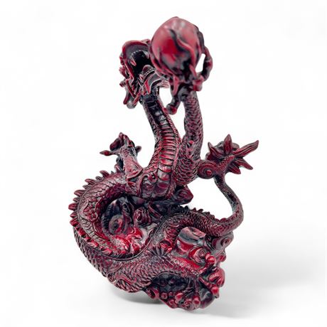 Carved Red Resin Chinese Dragon Figurine with Pearl