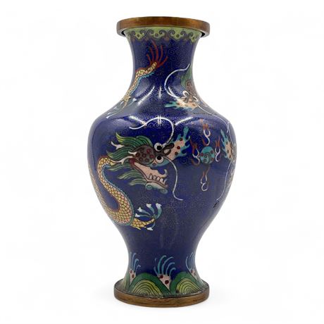 Chinese Cloisonné Dragon Vase Blue Yellow Green Enamel