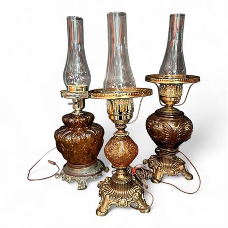 Set of 3 Electric Vintage Amber Glass Oil Lamps