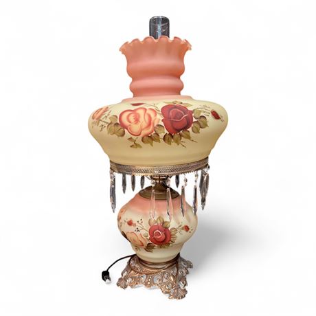 Victorian Style Hurricane Lamp Pink Glass Shade Rose Design