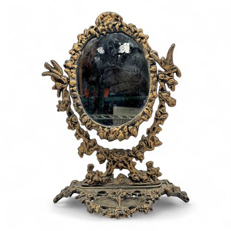 VTG Ornate Cast Metal Vanity Swivel Mirror Rococo Style
