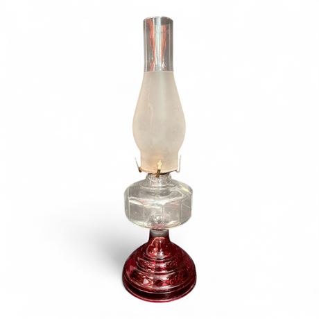 Vintage Red Glass Base Oil Lamp with Clear Font & Chimney