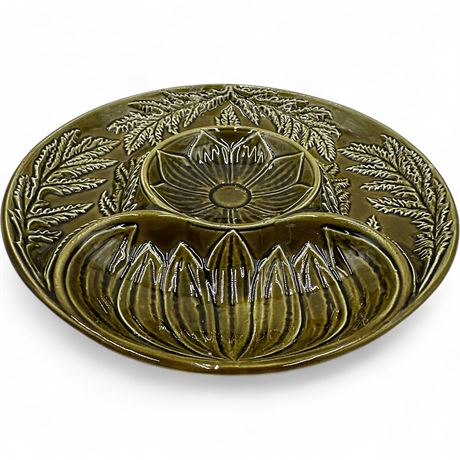Secla Portugal Green Majolica Lotus Flower Relief Plate