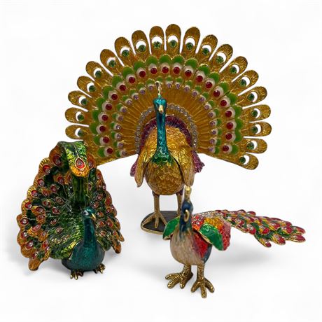 Lot of 3 Bejeweled Enamel Peacock Figurines Trinket Boxes