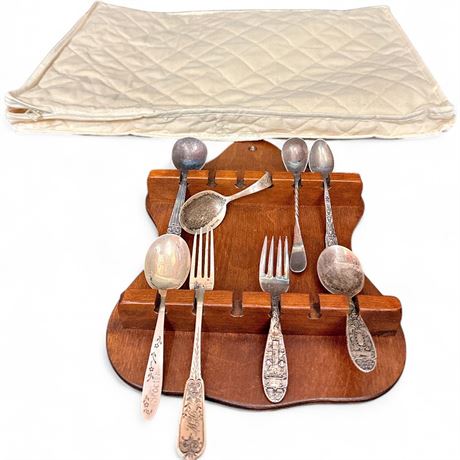 Community & Mixed Silverplate Birth Record Spoons w/ Display