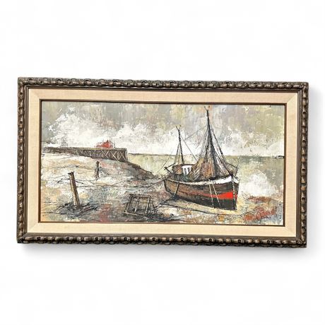 Framed Oil Painting Of Harbor Signed by The Artist "Celine" 1967