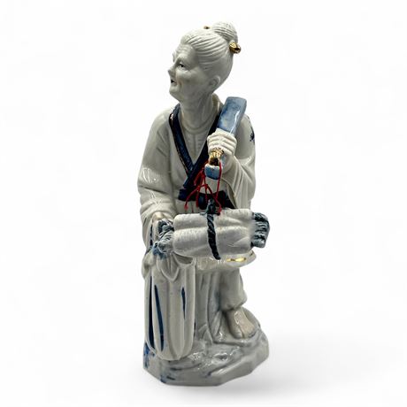 Blue White Porcelain Chinese Woman With Groceries