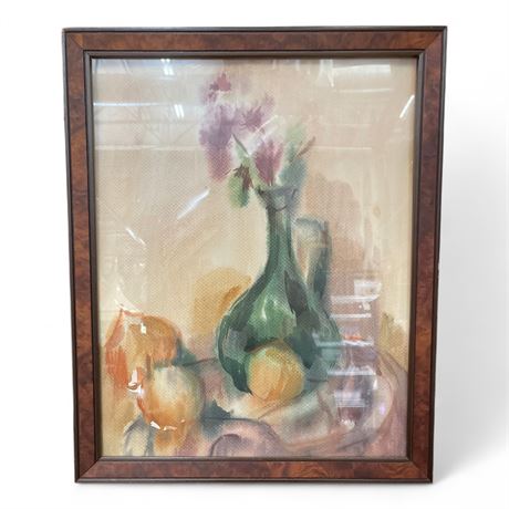Framed Still Life w/ Green Vase & Fruit
