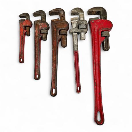 Pipe Wrench Lot – Ridgid, NYE Tool Co., & Genuine Stillson (5 Pieces)