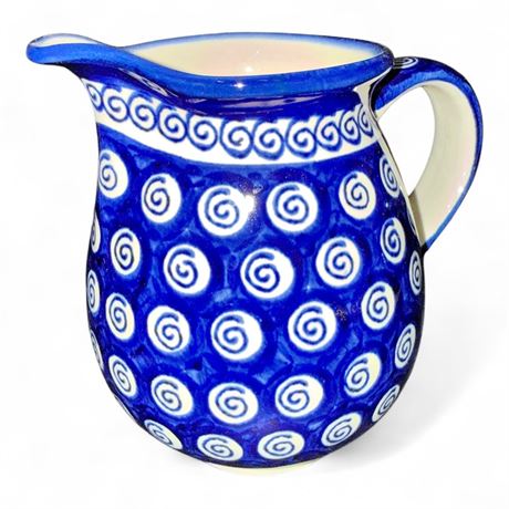 Bolesławiec Polish Pottery Cobalt Peacock Pitcher
