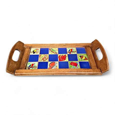 Wooden Serving Tray w/ Hand-Painted Ceramic Animal Tiles