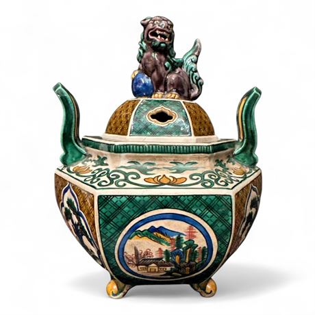 Kutani Ware Hexagonal Incense Burner w/ Shishi Finial