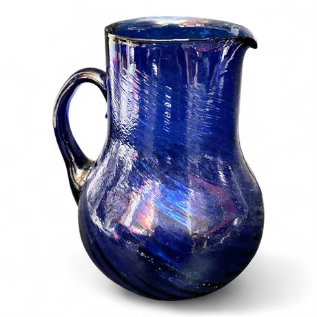 Hand-Blown Cobalt Blue Art Glass Pitcher