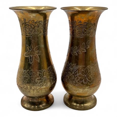 Two Vintage Indian Etched Floral Motif Brass Vases