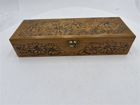 Wood Jewelry/Trinket Box With Pyrographic Floral Pattern