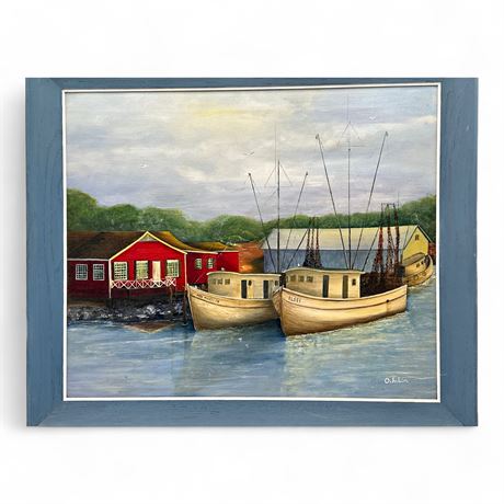Signed Harbor Fishing Boats Painting
