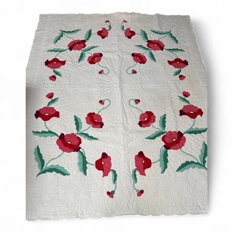Vintage Handmade Poppy Appliqué Quilt