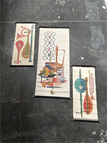 Group Of Three Mid-Century Modern Silk-Screened Wall Hangings