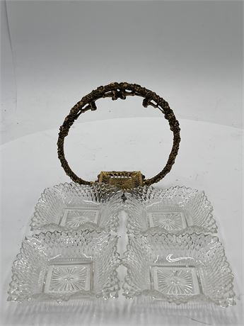 Vintage Floral Brass Stand W/ 4 Four Indiana Glass Nut Dishes