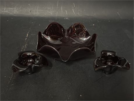 Set Of Amethyst/Black Glass Central bowl And Two Smaller Bowls