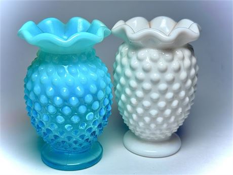 Vintage Hobnail Glass Vases – Blue Opaline & White Milk Glass (Pair)