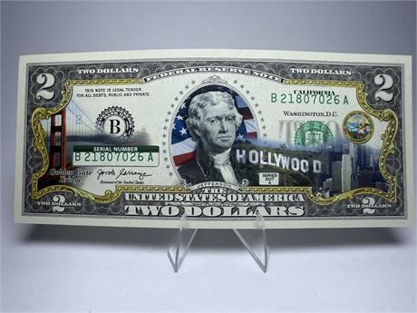 Colorized California $2 Note.  Legal Tender
