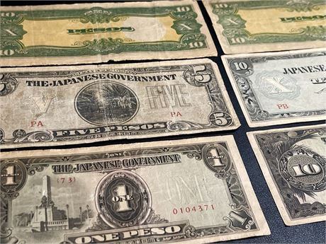 WWII Japanese Government Occupation Peso Notes – 1, 5 & 10 Pesos (Lot)