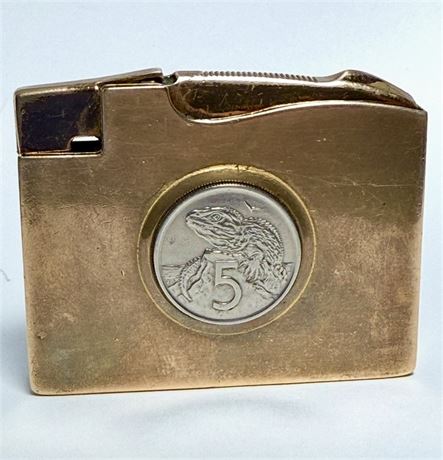 Vintage Elgin American Brass Cigarette Case Lighter – Coin Inlay -Made In USA