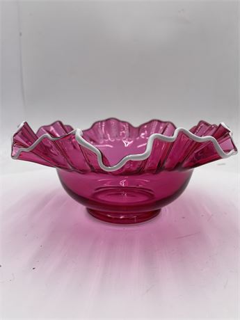 Vintage Fenton Cranberry Opalescent Snow Crest Ruffled Bowl