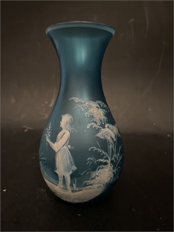 Mary Gregory Style Blue Satin Glass Vase