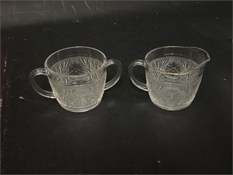 Vintage Anchor Hocking "Sandwich Clear" Glass Sugar Bowl & Creamer