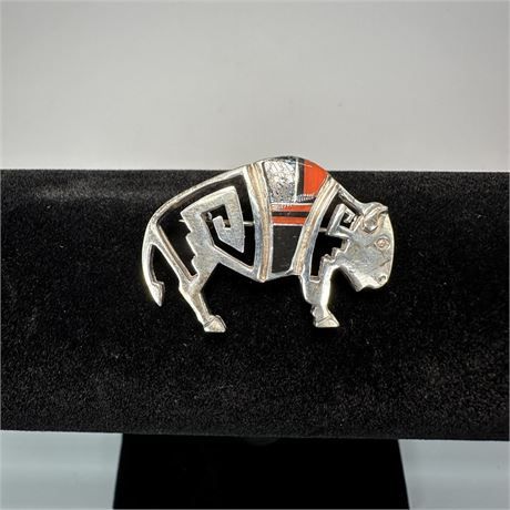 Stylized Southwest Buffalo Sterling Silver Brooch w/ Colorful Enameling
